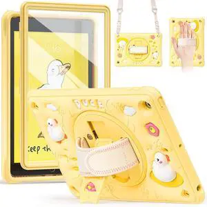 TSQQST Case for iPad 9th 8th 7th Generation for Kids Boys Girls, Case for iPad 10.2 Inch Cute Cartoon Kawaii Duck Cover with Screen Protector Rotating Stand+Hand Strap, Yellow