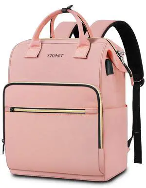 Ytonet Pink Laptop Backpack, 17.3 Inch Carry on Backpack for Women Teacher Nurse with USB Charging Port, Large Travel Carry on RFID Anti-theft Trip Water Resistant Bags for Work/College, Pink