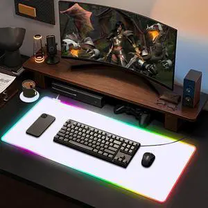 YQE RGB Gaming Mouse Pad, 35.4"x15.7" Desk Mat for Keyboard and Mouse, LED Game Mousepad with 14 Colors Light Modes, Non-Slip Desk Pad Matt Protector+Coasters-for Home, Office, Desktop White