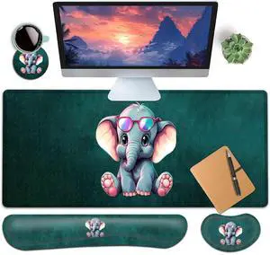 Large Gaming Mouse Pad+ Keyboard Wrist Rest Set, Ergonomics Memory Foam Mouse Mat Wrist Rest Support for Home Office, Waterproof Extended Mousepad 31.5x11.8in, Cute Baby Elephants Green Desk Pad