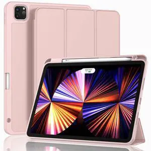 ZryXal New iPad Pro 11 Inch Case 2022(4th Gen)/2021(3rd Gen)/2020(2nd Gen) with Pencil Holder,Smart iPad Case [Support Touch ID and Auto Wake/Sleep] with Auto 2nd Gen Pencil Charging(Rose Pink)