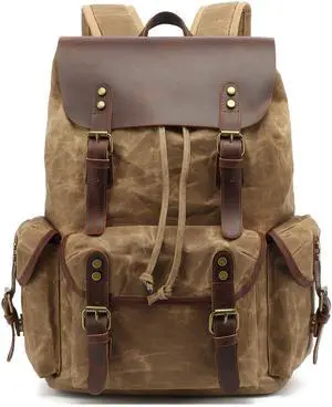 HuaChen Waxed Canvas & Leather Backpack for Men Women,Vintage Travel Rucksack,Large Daypack Casual Hiking Bag - M80 Khaki