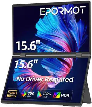 EPORMOT 15.6" Dual-Screen Portable Monitor, 350 Nits 1200:1 FHD IPS Seamless Extended Display, Dual Device Connection, Type-C/HDMI, Anti-Glare Eye Care, 105° Foldable Stand for Work & Travel