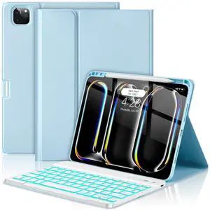 HOTLIFE for iPad Pro 11 Inch (M4) 2024 Case with Keyboard, Magnetic Detachable - 7 Color Backlit Keyboard Case for iPad Pro 11 (M4),Wireless Folio Keyboard Cover with Pencil Holder (Sky Blue)
