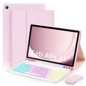 EAMPANG Case with Keyboard Mouse for Samsung Galaxy Tab A9 Plus 11 inch (SM-X210/X215/X216/X218),7 Color Rainbow Backlight Detachable USB-C Keyboard Magnetic Case with Pen Slot for Tablet A9+ 5G Pink
