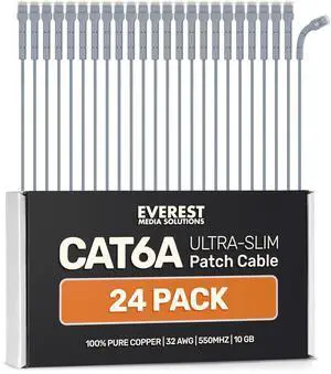 Everest Ultra Slim Cat6a Ethernet Patch Cables 5ft (24-Pack) Gray - 10GB Cat 6a Patch Cable - Bendable, Flexible & Thin Ethernet Cable - Space Saving 32AWG 550MHZ Cat6a Cables - 100% Copper Wires
