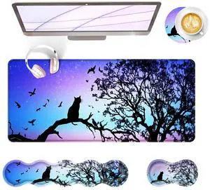 BFUKVOU Large Keyboard Mouse Pad Set, Extended Mouse Pad+Keyboard Wrist Rest Support, Memory Foam Ergonomic Easy Typing, 4Pcs (31.5×11.8 in) Desk Pad Set for Office Home,Black Cat Under Starry Night