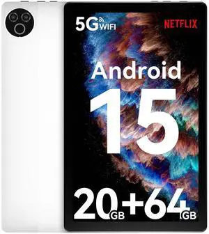 Tablet 10 Inch Android 15 OS GMS Certified Tablets PC 1.8 GHz 5-Core 20 (3+17) GB RAM 64 GB ROM 1 TB Expandable 1280x800 HD IPS Touch Screen 5000 mAh WiFi 6 Bluetooth 5.4 Dual Camera 2025 (White)