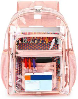 ZORFIN Clear Backpack Heavy Duty for School  17in Transparent PVC Bag with Large Capacity & Reinforced Straps for Girls, Women - See Through Bookbag for College Workplace Security, Pink