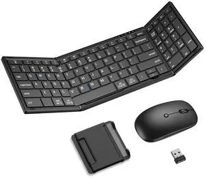 Foldable Keyboard and Mouse, Folding Bluetooth Keyboard Mouse Combo, 2.4G Wireless + Bluetooth5.1 x 2, Portable Wireless Rechargeable Travel Keyboard Mouse for Windows Android MacOS iOS