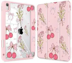 Tuiklol Clear Case for iPad mini 7 (A17 Pro 7th Generation) 2024 / iPad mini 6 (6th Generation) 2021 8.3 Inch,Built-in Pencil Holder Slim Transparent Back Shell Cover Auto Wake/Sleep, Cherry Bow-Pink