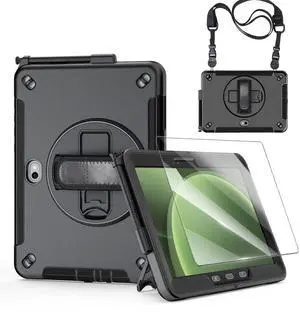 Junfire Shockproof Case for Samsung Galaxy Tab Active5 Pro 2025/ Active4 Pro 2022, Heavy Duty Rugged Case with Screen Protector/Hand Strap/360°Rotating Stand/Shoulder Belt/Pencil Holder, Black
