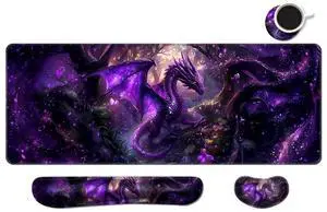 MIBITRI Keyboard Mouse Pad Set, Extended Gaming Mouse Pad+Ergonomics Keyboard Wrist Rest Support, Memory Foam, Easy Typing Pain Relief, 4Pcs XXL Ultra Thick Desk Mat, Dragon
