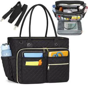 RAINSMORE Teacher Tote Bag 17.3 inch Laptop Bag for Women Work Laptop Tote Nurse Bag Professional Computer Messenger with Insulated Pocket Briefcase for Office, College, Nursing, Black