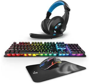 Game Punk 4-Piece PC Gaming Bundle with RGB Backlit Keyboard, Wireless LED Mouse, Mouse Pad, and Light-Up Gaming Headset with Microphone, Ergonomic Gamer Accessories, Compatible with PC and Console