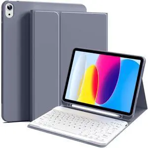 IAMKHO Keyboard Case for iPad 10th Generation 10.9 Inch 2022, Detachable Wireless Bluetooth iPad Keyboard Case with Built-in Left Side Pencil Holder, Auto Wake/Sleep (Gray Purple)