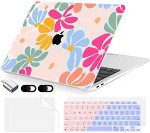 MecBevia Compatible with MacBook Air 13.3 inch Case 2021-2018 Release A2337 M1 A2179 A1932 Touch ID, Plastic Hard Shell&Keyboard Cover&Screen Protector&Webcam Cover&Type-C Adapter, ColorfulFlowers