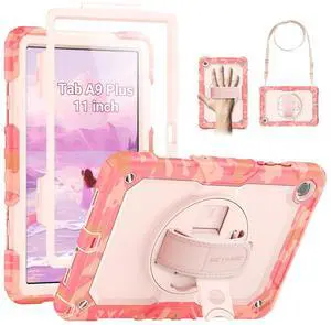 SEYMAC Case for Samsung Galaxy Tab A9+/ A9 Plus 11" (SM-X210/X216/X218), Heavy Duty Shockproof Protective Case with Screen Protector, Rotating Stand, Hand/Shoulder Strap, Multicolor/Pink