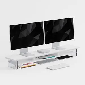 FENSULN DualTier Monitor Stand for Modern Desk Setup  Minimalist Wooden and Metal Riser Shelf with Transparent Acrylic Feet for Dual Monitors, Laptops, Home Office AestheticWhite