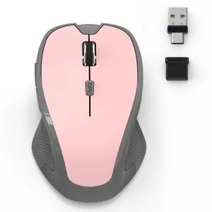 Bluetooth Wireless Computer Mouse for Laptop PC Mac, 2.4G Ergonomic Cordless Mouse Jiggler with USBA/USBC Receiver & Type-C Adapter, 3 DPI Levels 6 Buttons Rechargeable Mice for Office&Home-PINK