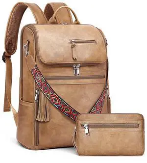 SYTRAH Leather Laptop Backpack for Women Designer Laptop Bag, 16.5 inch Travel Computer Backpacks Purse with Tassel for Work Business with Satchel Purse Camel Brown