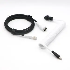 KCSJXF Reverse Coiled USB-C Keyboard Cable, Double-Sleeved Mechanical Keyboard Cable with Detachable Metal Aviator, 1.5M USB-C to USB-A (Half White Half Black)