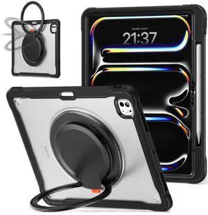 Batianda for iPad Pro 11 inch Case 2025 M5 2024 M4 Chip Lightweight Dual-Layer Protective Tablet Cover, Durable Shock-Absorbing Corners with 360° Rotating Kickstand Ring Built-in Pen Slot, Black