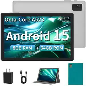 Android 15 Tablet for Adults, 10 inch Tablet - Google Tablet Computer with Octa-Core Processor, 8(4+4) GB RAM 64GB ROM, 1TB Expand, Wi-Fi 6 (2.4G + 5G), Dual Camera, 5000mAh Battery - Silver