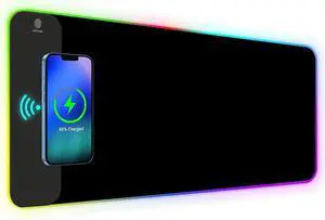 AIMSA Wireless Charging RGB Gaming Mouse Pad 15W, Extended LED Desk Mat Protector 800x300x4MM, 14 Light Modes Extra Large Mousepad Non-Slip Rubber Base Desk Mat, Cool Black