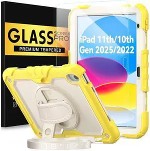 BLOSOMEET Case for iPad A16 11th/10th Generation 11''/10.9'' 2025 2022 with Tempered Glass Screen Protector, Rugged Cute Girls Boys Cover with Stand Hand Shoulder Strap, Fashion Yellow