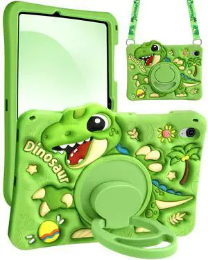 Boaretiu for Galaxy Tab S10 FE/ S9 FE Case - Green Dinosaur Cool for Boys Girls Kids Soft Silicone Cute Cartoon with Shoulder Strap & Rotating Stand Protection for Samsung S10 FE/ S9 FE Case