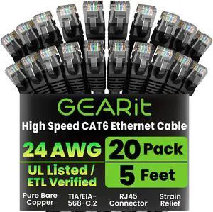 GearIT Cat 6 Ethernet Cable Pack - 20-Pack 5 ft Cat6 Ethernet Patch Cables | RJ45 Network Patch Cable, 10 Gbps Snagless Gold-Plated Connectors - Ethernet Cable Cat 6 for PC, TV, Router - Black