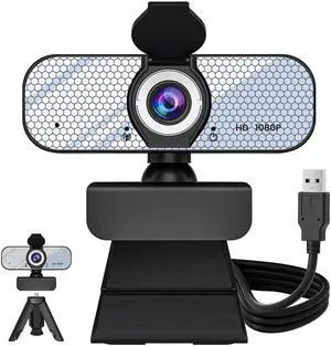 GOZVRPU 1080P HD Webcam with Built-in Microphone, Rotatable Tripod, Wide-Angle Lens,Privacy Cover, Auto Light Correction, Plug & Play USB-A Webcam for Laptop, Desktop, PC, Streaming-White