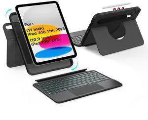 accrosoo Rotatable Detachable Magnetic Keyboard Case for iPad A16 11th/10th Gen, with Larger-Touch Trackpad, Shockproof Bumper, Support Portrait, Magnetic Pencil Holder, Backlight,Full Protect, Black
