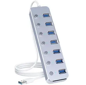 USB 3.0 Hub 7 Port USB Hub with 2ft Long Cable Aluminum USB Hub for Laptop and PC with Individual On/Off Switch and LED Indicator