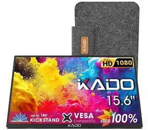 Kado Portable Monitor 15.6'' 1080p, 100% sRGB USB-C HDMI Gaming Monitor Ultra-Slim Display Built-in Speakers, External Monitor 180° Kickstand Wall/Arm Mount for Laptop PC Phone Mac Xbox PS4/PS5 Switch