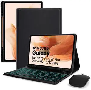 Keyboard Case for Samsung Galaxy Tab S10 Plus/S9 Plus/S9 FE Plus/S8 Plus/S7 Plus/S7 FE 12.4 Inch, 7 Color Backlit, Detachable Bluetooth Keyboard Case with Wireless Mouse and S Pen Holder, Black
