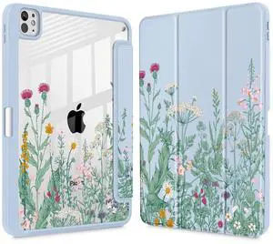 May Chen Case for iPad Pro 11-Inch M5/M4 2025/2024 (6th/5th Generation), Clear Transparent Print Back Shell Slim Stand Shockproof Tablet Cover, Auto Wake/Sleep, Herbs Flowers