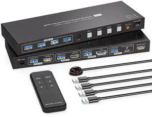 KVM Switch 1 Monitors 4 Computers HDMI + Displayport + Thunderbolt4 KVM Switches 4K@144Hz for 4 PC Share 1 Monitor and Keyboard Mouse Printer U Disk Support Extend IR Control and IR Control