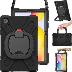 PboyiqiS Case for Galaxy Tab S6 Lite 10.4" 2024/2020/2022 (SM-P620/P625/P610/P615/P613/P619), Heavy Duty Protective Case with S Pen Holder&360 Degree Swivel Stand&Hand Strap&Shoulder Strap (Black)