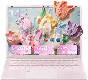 Rumtuk 14" Pink Laptop Computer for Students, 512GB SSD 16GB RAM, 2K FHD IPS Display,in tel N150 Processor, Fingerprint, Backlit Keyboard, Win 11 Pro with Office, Type-C, Webcam, Long Battery Life