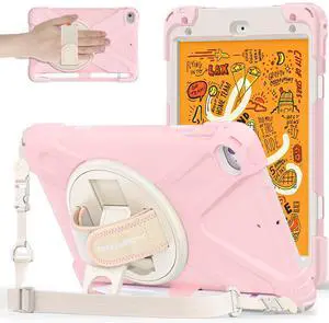 BRAECNstock Kids Case for Apple iPad mini 5/4 7.9" 2019/2015, Shockproof Protective with Pencil Holder, Rotating Stand & Hand Strap,Shoulder Strap, Case for iPad mini 5th/4th Gen, Sakura Pink