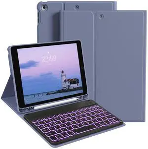 JKSML Keyboard Case for iPad 9th/8th/7th Generation 10.2 Inch 2021/2020/2019, 7 Colors Backlit Wireless Detachable Folio Keyboard Cover Thin & Light with Pencil Holder, Auto Wake Sleep (Purple)
