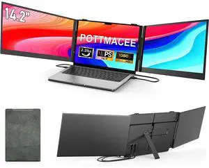 POTTMACEE 14.2 Triple Laptop Screen Extender, 0.17" Ultra-Slim FHD 1080P Portable Monitor for Laptop, Tri-Screen Travel Monitor Extender, Plug-Play for Windows/Mac/Chrome, Fit 13-17.3 Laptops