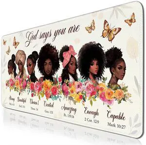Gaming Mouse Pad Large, Bible Black Girl Computer Keyboard Mousepad, Mouse Mat Non-Slip Base Stitched Edges, Christian Inspiration African American Women, Desktop Mat for Home Office 15.7x 35.4 XXL