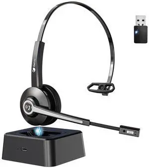 Wireless Headset with Mic for Work, Trucker Bluetooth Headset with Microphone Noise Canceling & USB Dongle, Wireless Headphones with Mic Mute & Charging Base for Work/PC Computer/Phones/Office/Meeting