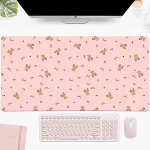 Idocolors Rose Bear Pink Desk Mat, Cute Extended Gaming Keyboard Mouse Pad, Large Office Desk Cover Mat Pad Deskmat, Non-Slip Leather Home Office Desk Mat Protector 31.5"×15.7"