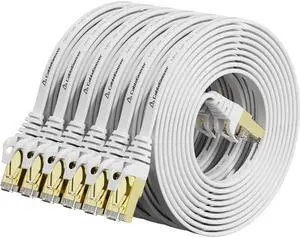 Cat 7 Ethernet Cable 10ft 6 Pack Shielded,Flat Ethernet Patch Cables - High Speed Internet Cable for Modem, Router, LAN, Computer - Compatible with Cat 5e,Cat 6 Network - White