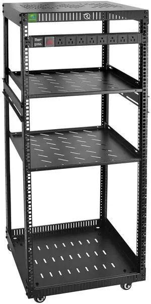RIVECO 25U Network Rack with Reinforced Top Cover - 4 Post Floor Rack on Wheels for 19" Equipment & Stereo Gear- Including Mount Power Strip & 2PCS 1U Shelves