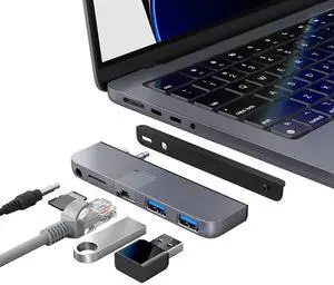 Qwiizlab USB C Hub 5-in-1 Adapter, Gigabit Ethernet, USB 3.0 Port, microSD Reader, 3.5mm Audio for 2024/23/22/21 14/16-inch MacBook Pro M4/M3/M2/M1 Pro/Max (Gray)